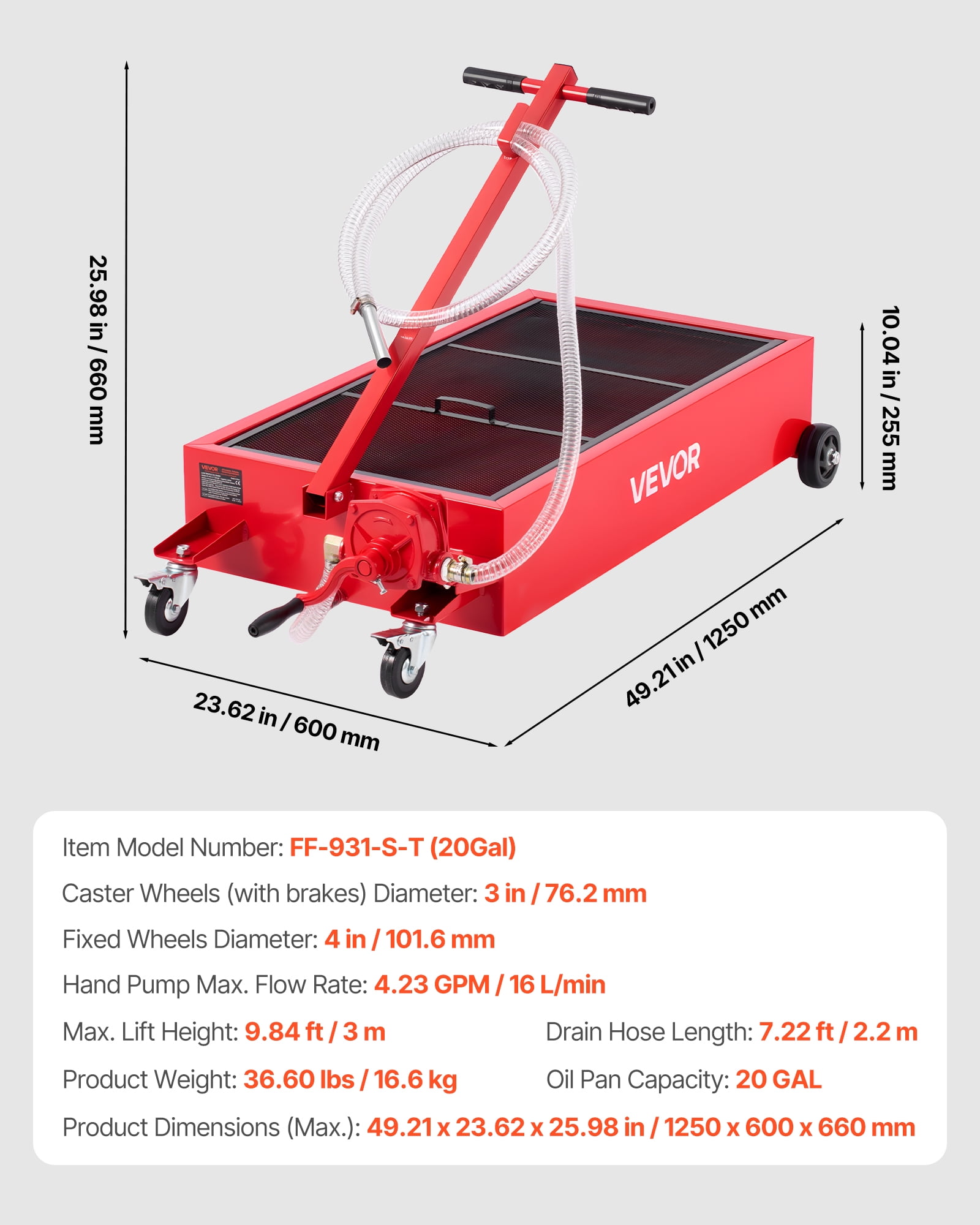 VEVOR Low Profile Oil Drain Pan, 20 Gallon Capacity, Rolling Oil Drain Pan with Manual Pump, 7.2 ft Hose & T Folding Handle, Leak-proof & Corrosion-resistant, Fit for Cars, SUVs, Trucks, ATVs, Red