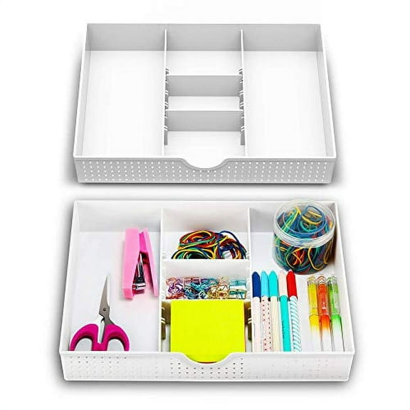 CAXXA 2PK - 3 Slot Drawer Organizer with Two Adjustable Dividers - 5 Compartments Drawer Storage Junk Drawer Organizer for Office Desk Supplies and Accessories, White