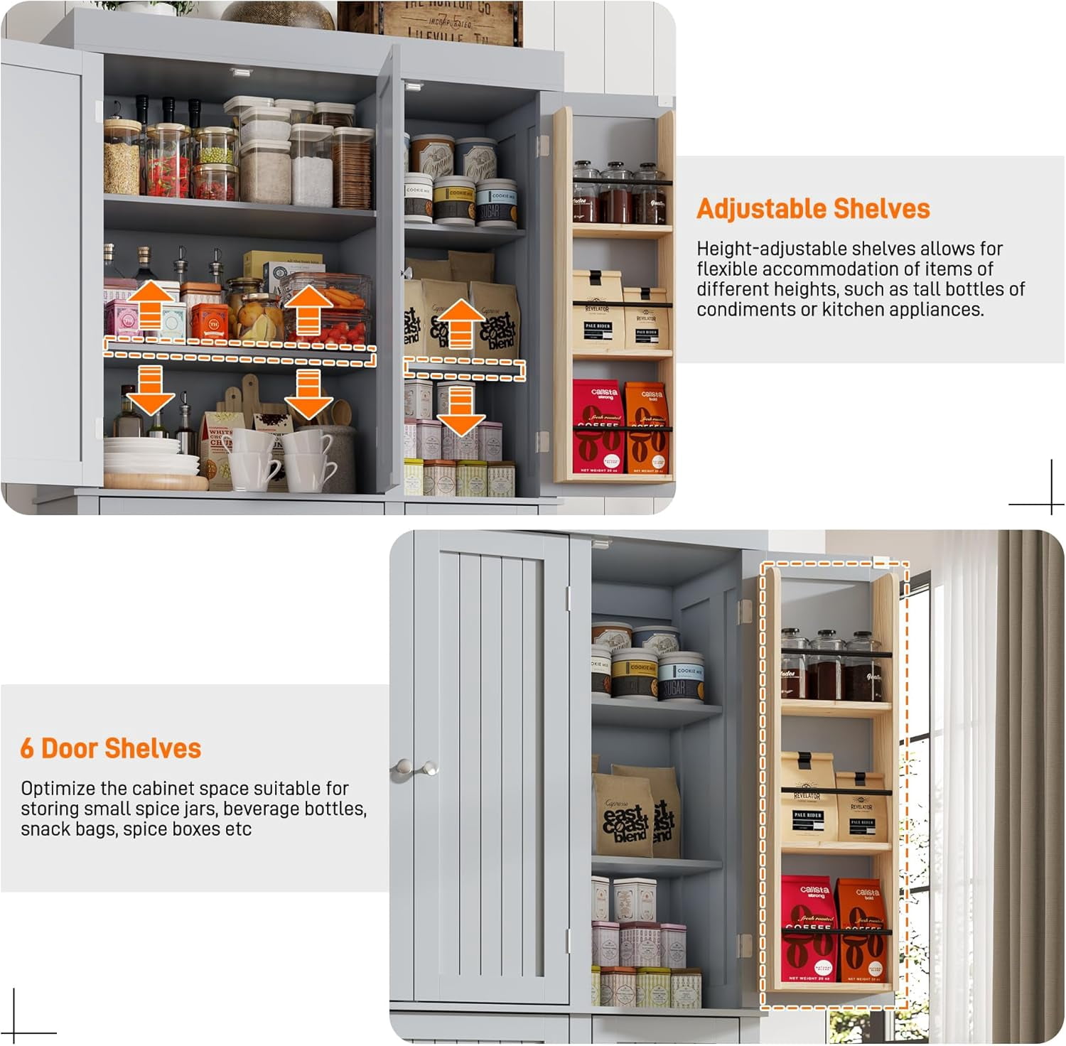 ChVans 71" Tall Kitchen Pantry with 6 Doors, Storage Cabinet with 2 Large Drawer 6 Hanging Shelves, Freestanding Cupboard for Dining Room Living Room