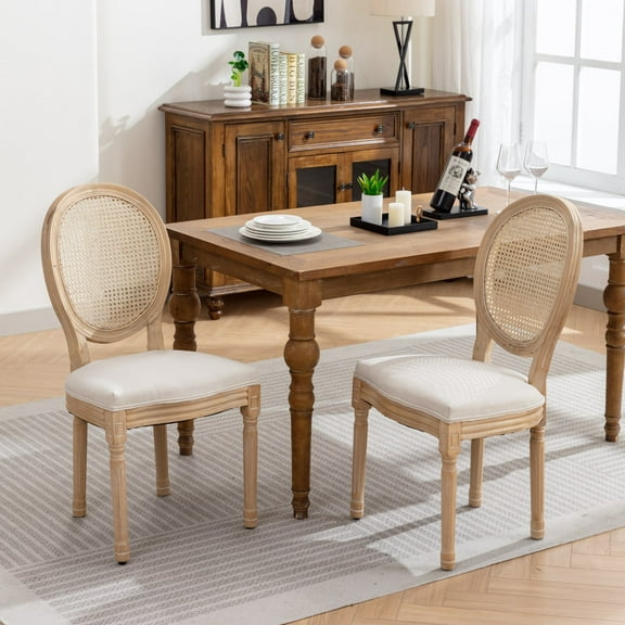 French Country Dining Chairs Set of 2 - Beige Linen Fabric & Rattan Back, Solid Wood Frame, 23.4"W, for Dining Room, Antique Painted Finish