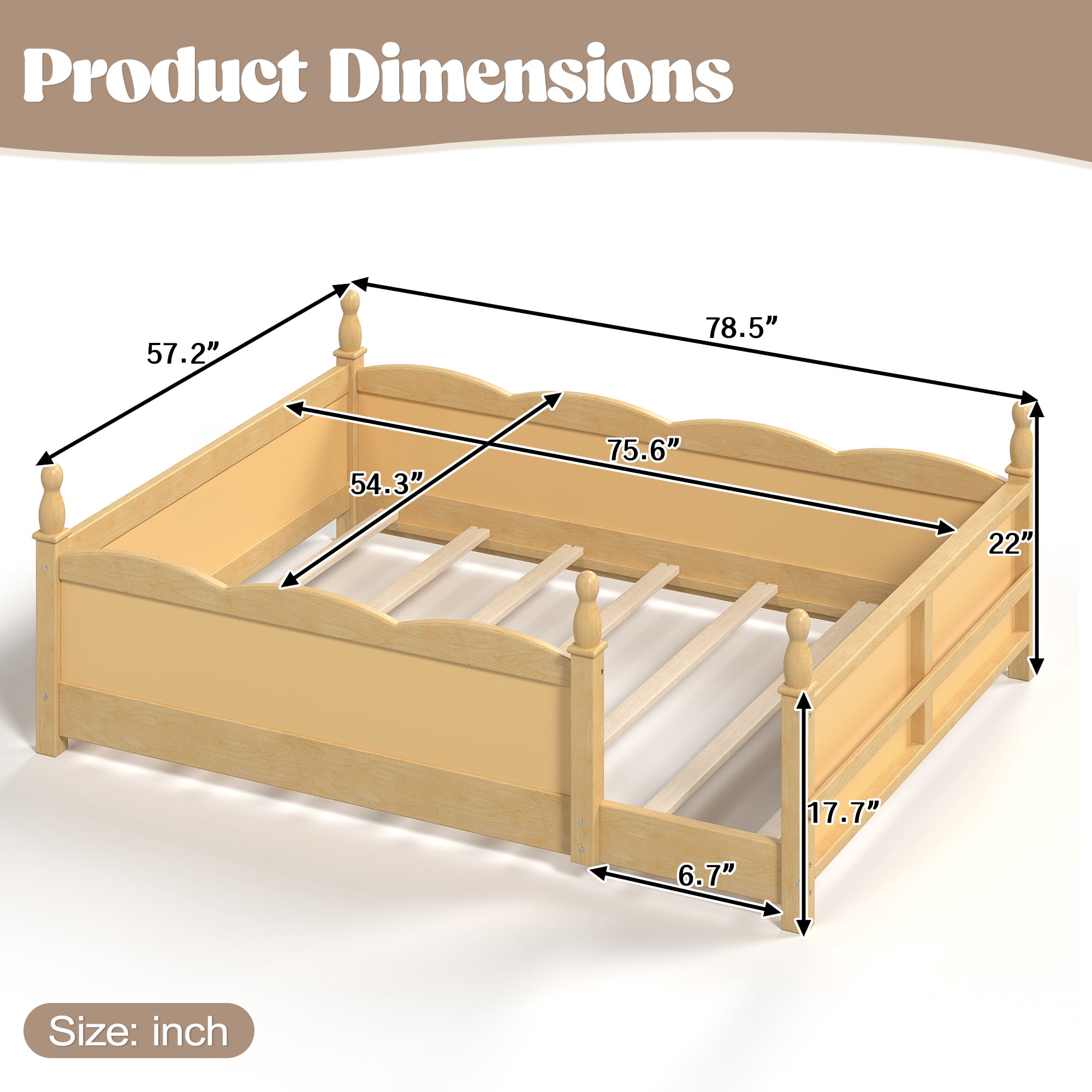 Montessori Full Floor Bed with Full-Length Guardrails and Bookshelf, Low Profile Kids Bed with Childlike Design, Natural