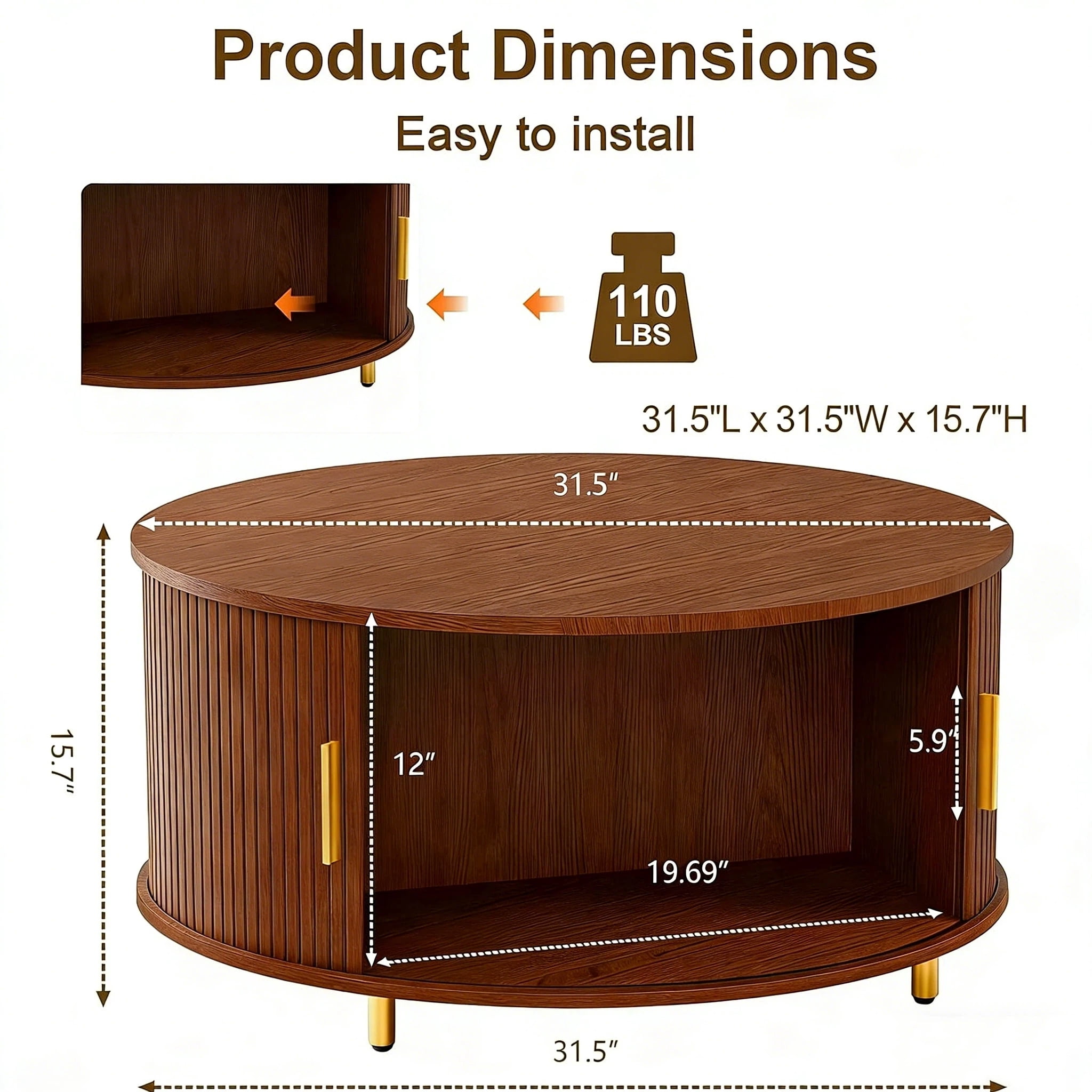 Aisword Round Coffee Table with 360° Sliding Door, Fluted Accent Storage Coffee Table with Adjustable Footpads for Living Room, Walnut