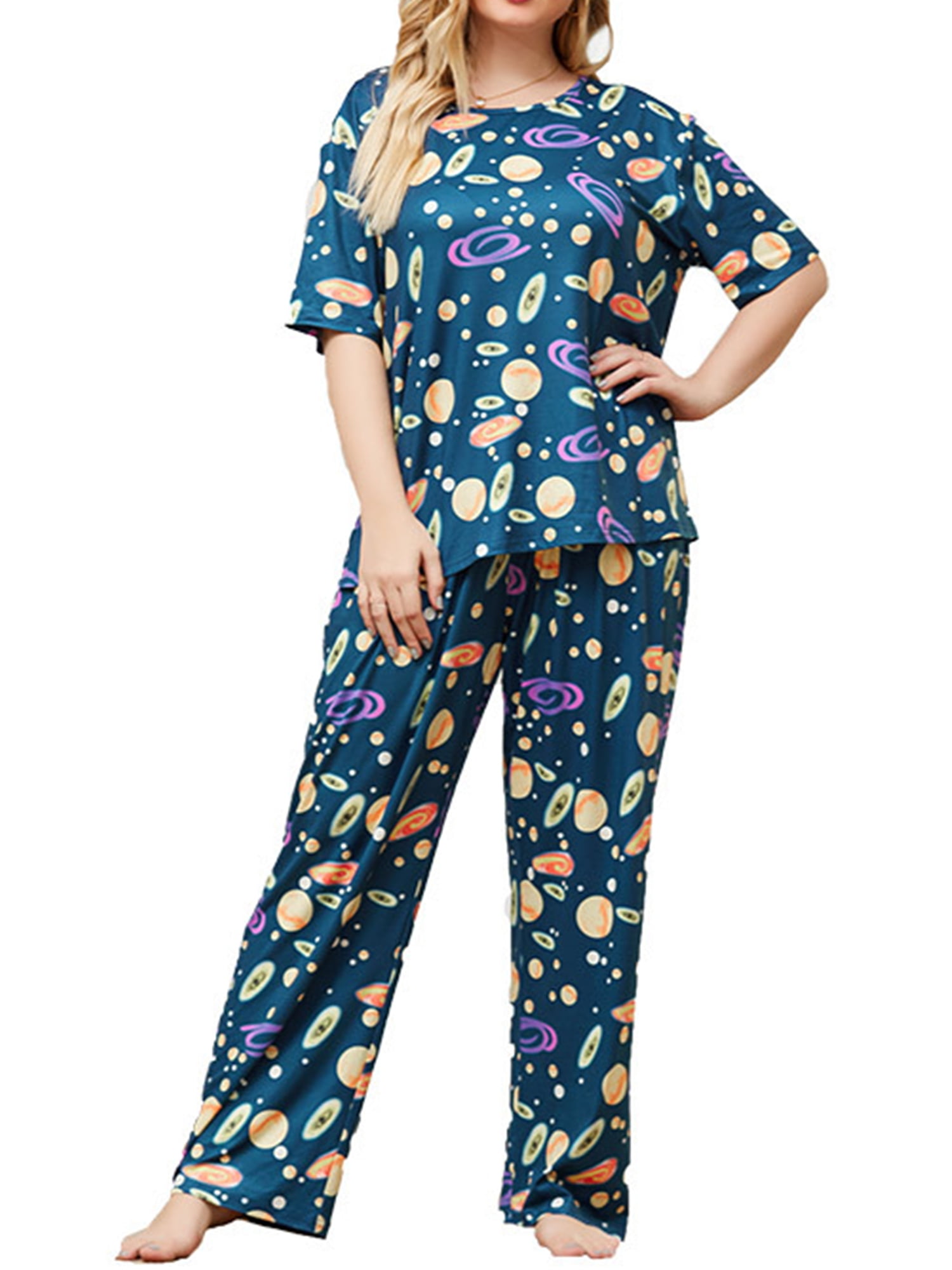 2Pcs Plus Size Pajamas Sets For Women Short Sleeve Sleepwear Tops with