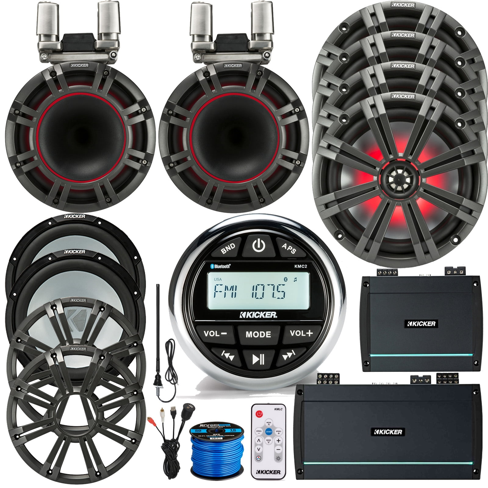 Kicker GaugeMount MarineGrade Receiver, 4 x 8" Coaxial LED Speakers (C), 2 x 9" LED Tower