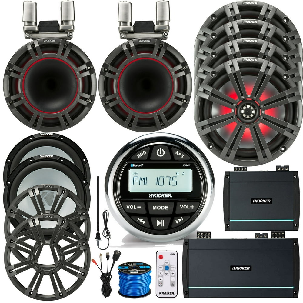 Kicker GaugeMount MarineGrade Receiver, 4 x 8" Coaxial LED Speakers
