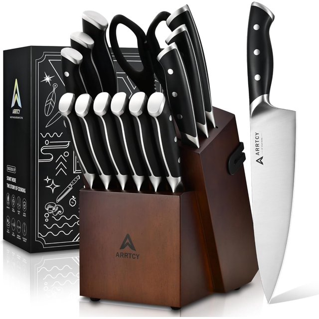Knife Set with Block - 15 Pieces Kitchen Knife Set with Sharpener - Knife Block Set High Carbon Stainless Steel Ultra Sharp Blades - Triple Rivet Ergonomic Handle - Dishwasher Safe Chef Knife Set