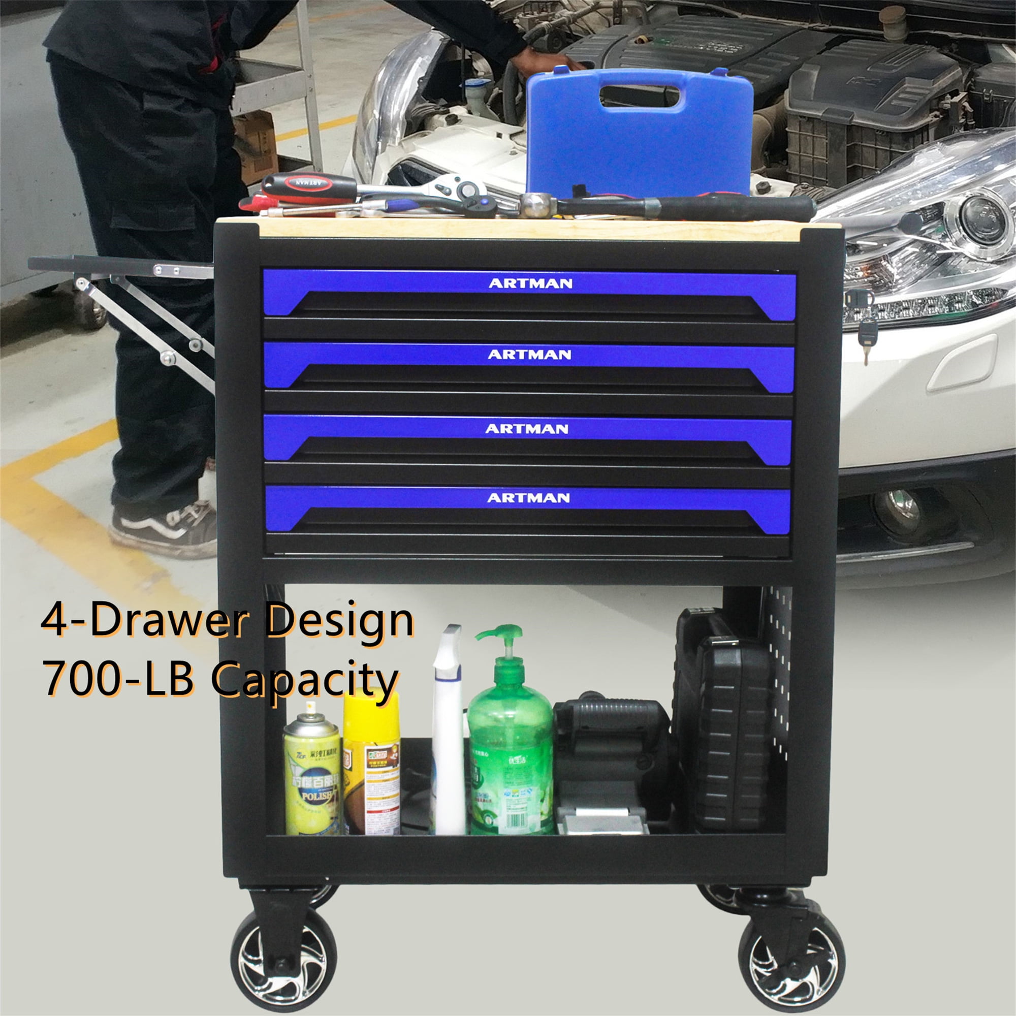 Aukfa 30 inch Mechanic's Tool Cart, 700 lb Capacity 4-Drawer Tool Chest on Wheels for Garage, Blue