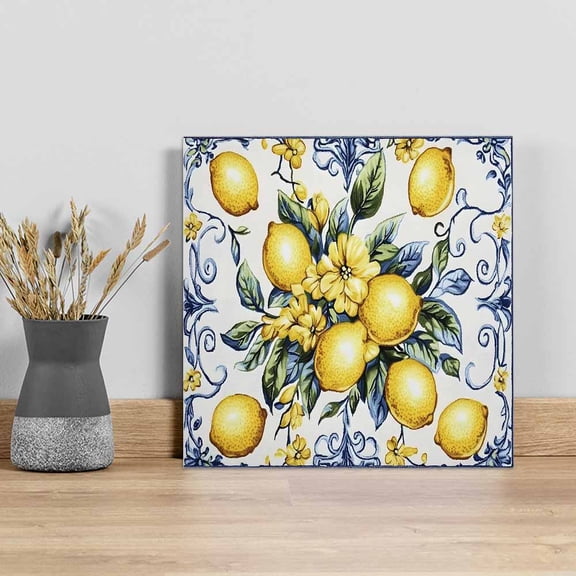 Yellow Lemon Wall Art Painting on Canvas, Middle Century Blue Italian Textured Canvas Art Home Prints Wall Art Framed Modern Artwork for Living Room Bedroom Wall Decor 12x12in