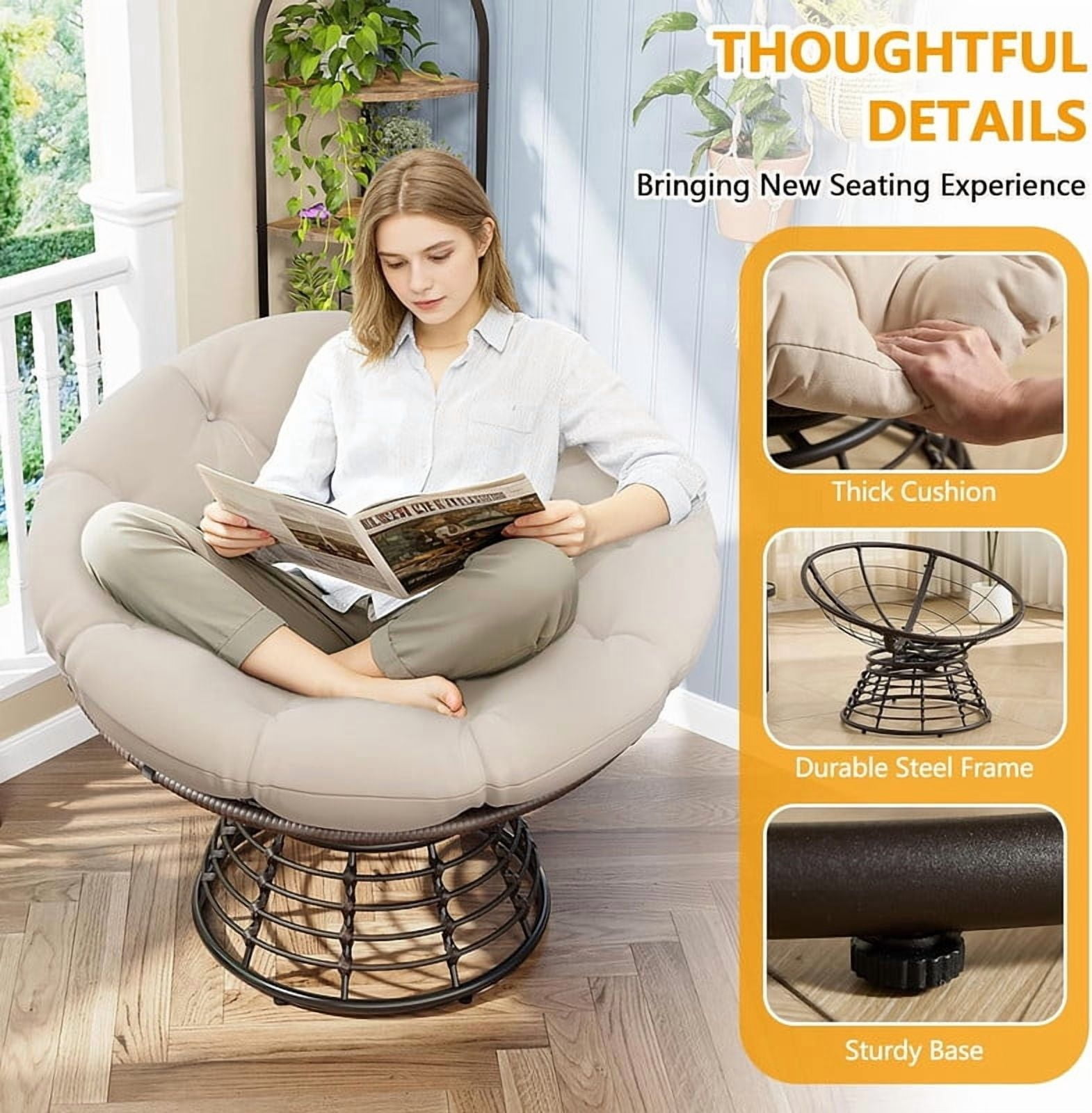 Ergonomic Wicker Papasan Chair, 360° Swivel Chair with Soft Thick Cushion for Living Room, Bedroom, Reading Room
