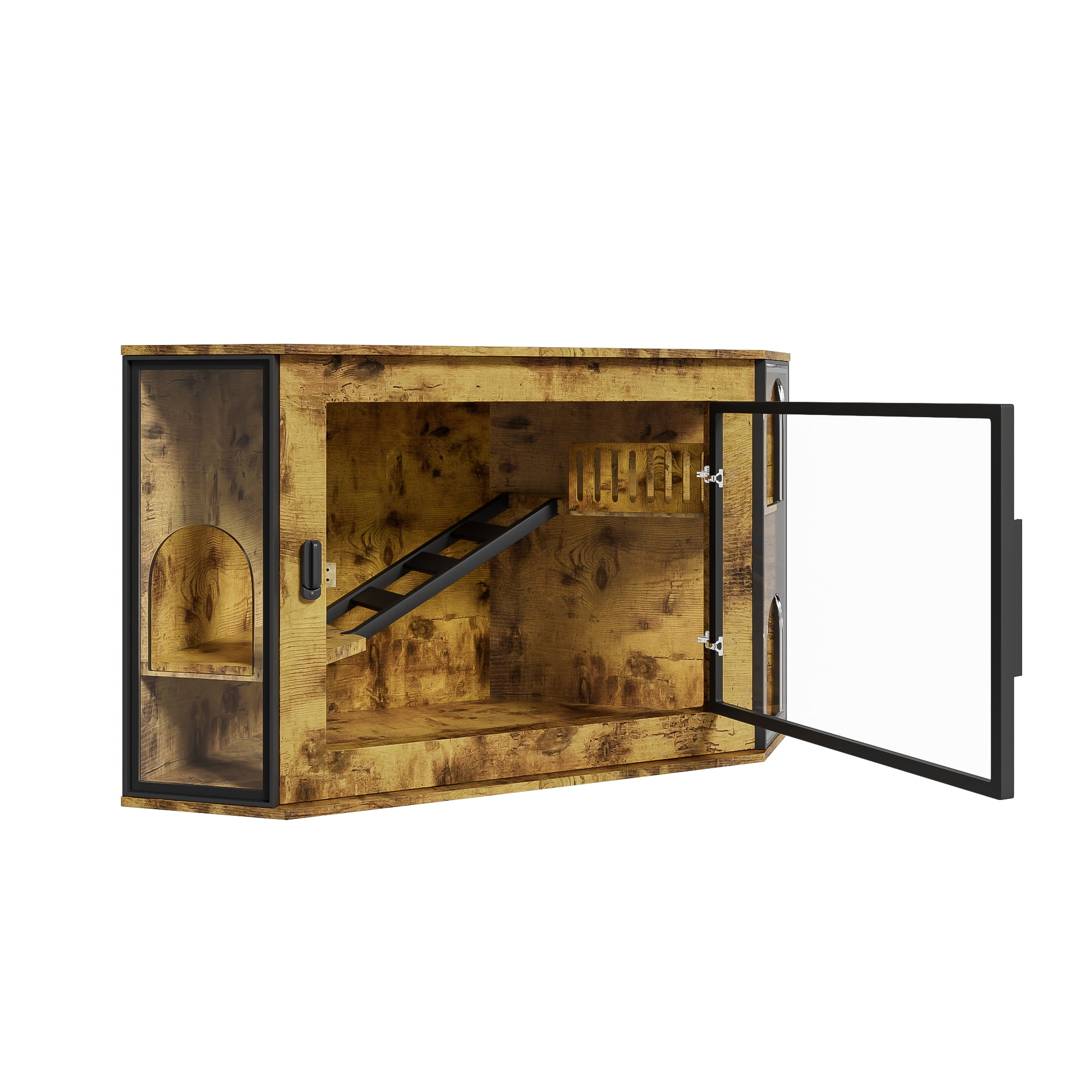 Aukfa Corner Cat Litter Box Furniture with LED Light, Hidden Cat Litter Box Cabinet with Acrylic Door, Storage & Play Area,Brown