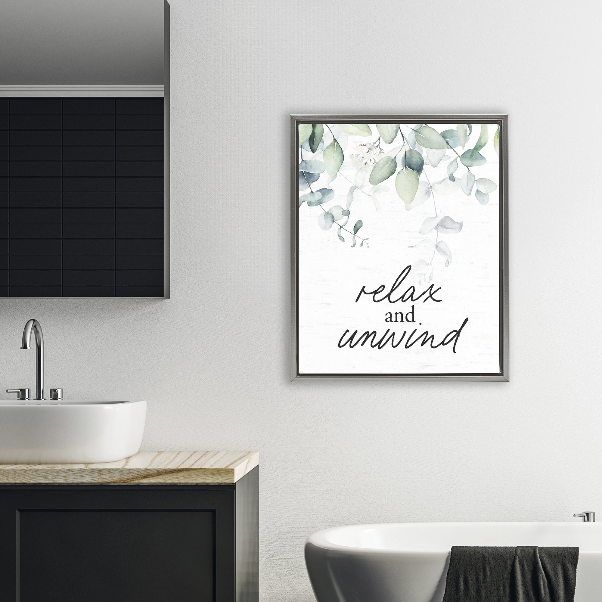 Relax And Unwind Herb Leaves Gray Framed Floater Canvas Wall Art, design by Lettered and Lined
