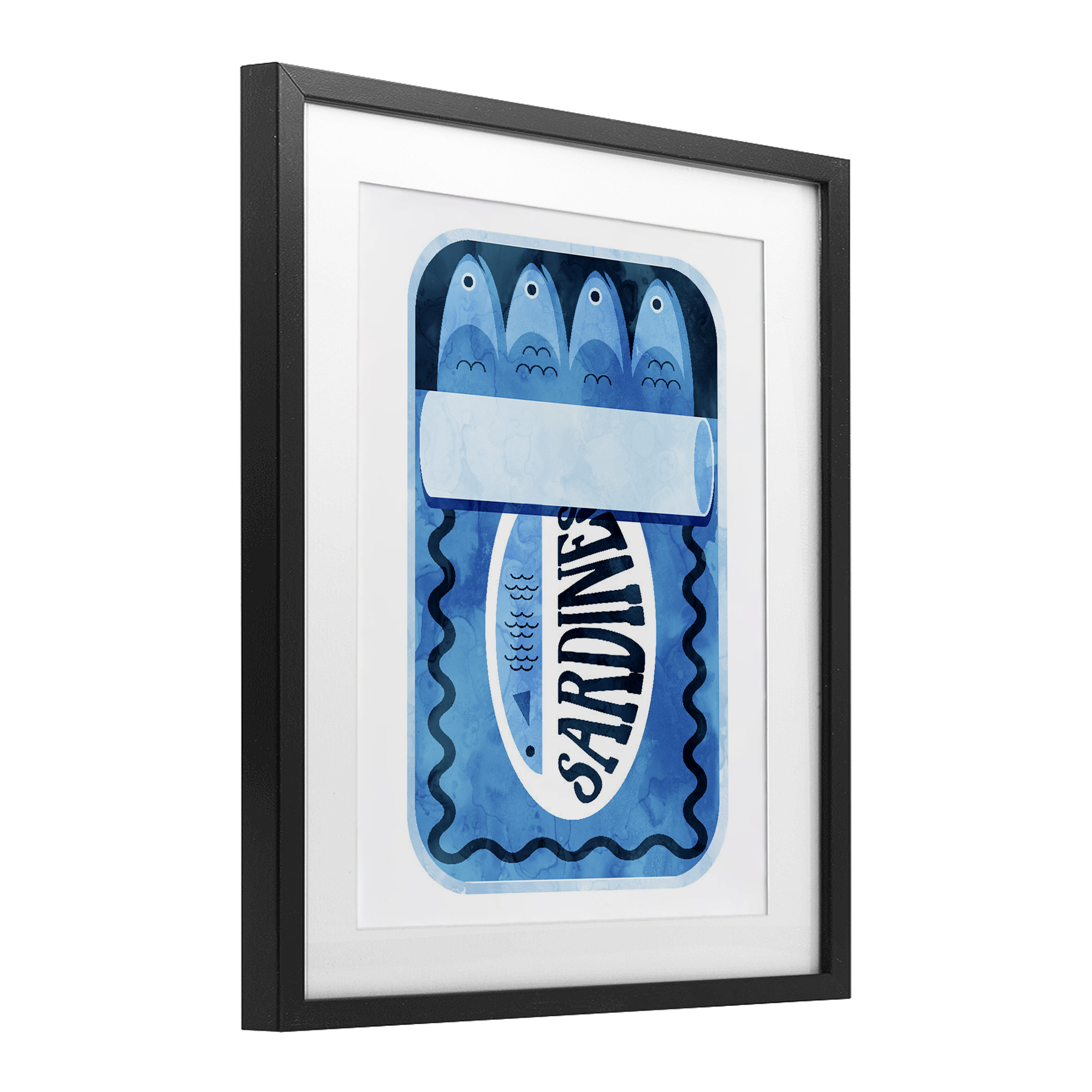 Retro Blue Sardine Tin Black Framed Print Under Glass, design by Daphne Polselli