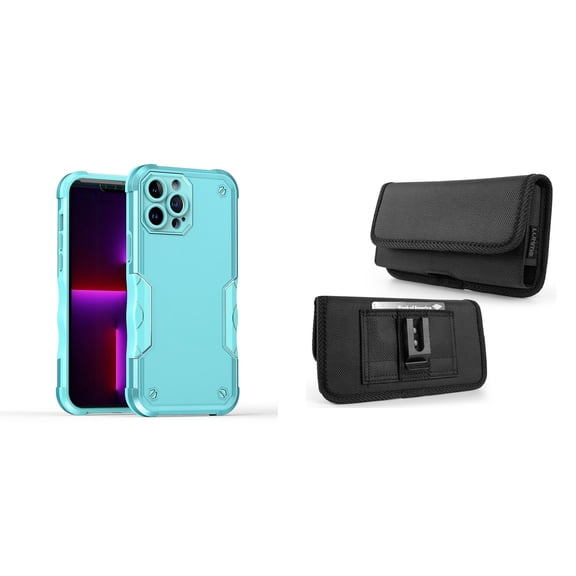 Case with Belt Holster Bundle for iPhone 14: Slim EX Hybrid Series Shockproof Case (Teal) and Horizontal Rugged Nylon Phone Pouch