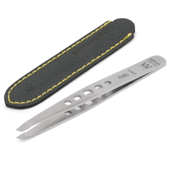 GERMANIKURE Slanted Stainless Steel Tweezers for Men & Women Facial Hair - Precision Eyebrow Tweezers, Fine Tip Professional Tweezers with Leather Case - Made in Solingen, Germany