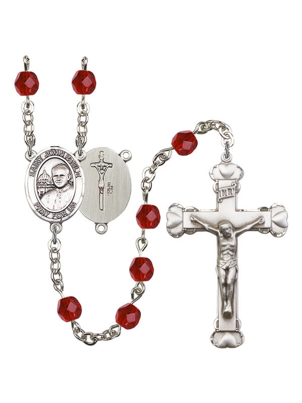 Bonyak Jewelry 18 Inch Rhodium Plated Necklace w/ 6mm Red January Birth Month Stone Beads and Saint John Berchmans Charm