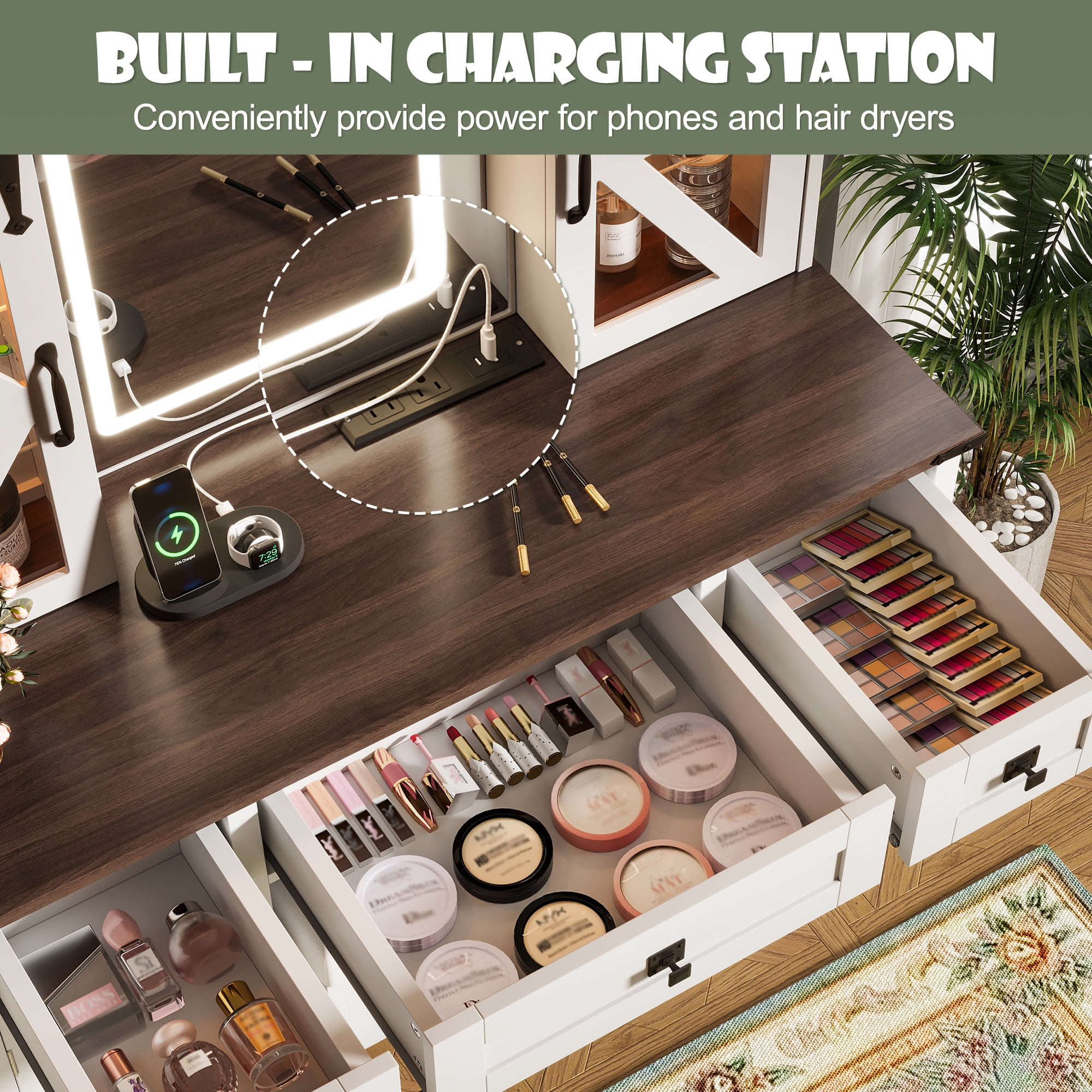 Euroco 43.3" Farmhouse Makeup Vanity Desk with Lighted Mirror,Dressing Table with Sliding Barn Door Hidden Shelves & 3 Drawers & 2 Cabinets, Beige