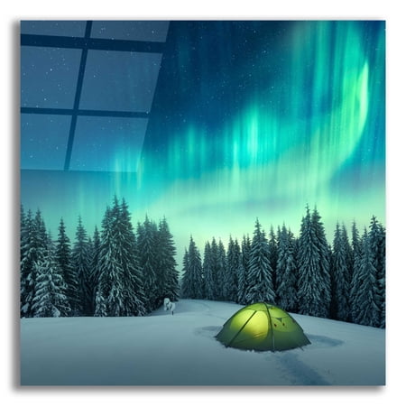 Epic Art 'Northern Lights In Winter Forest 1' by Epic Portfolio, Acrylic Glass Wall Art, 12"x12"