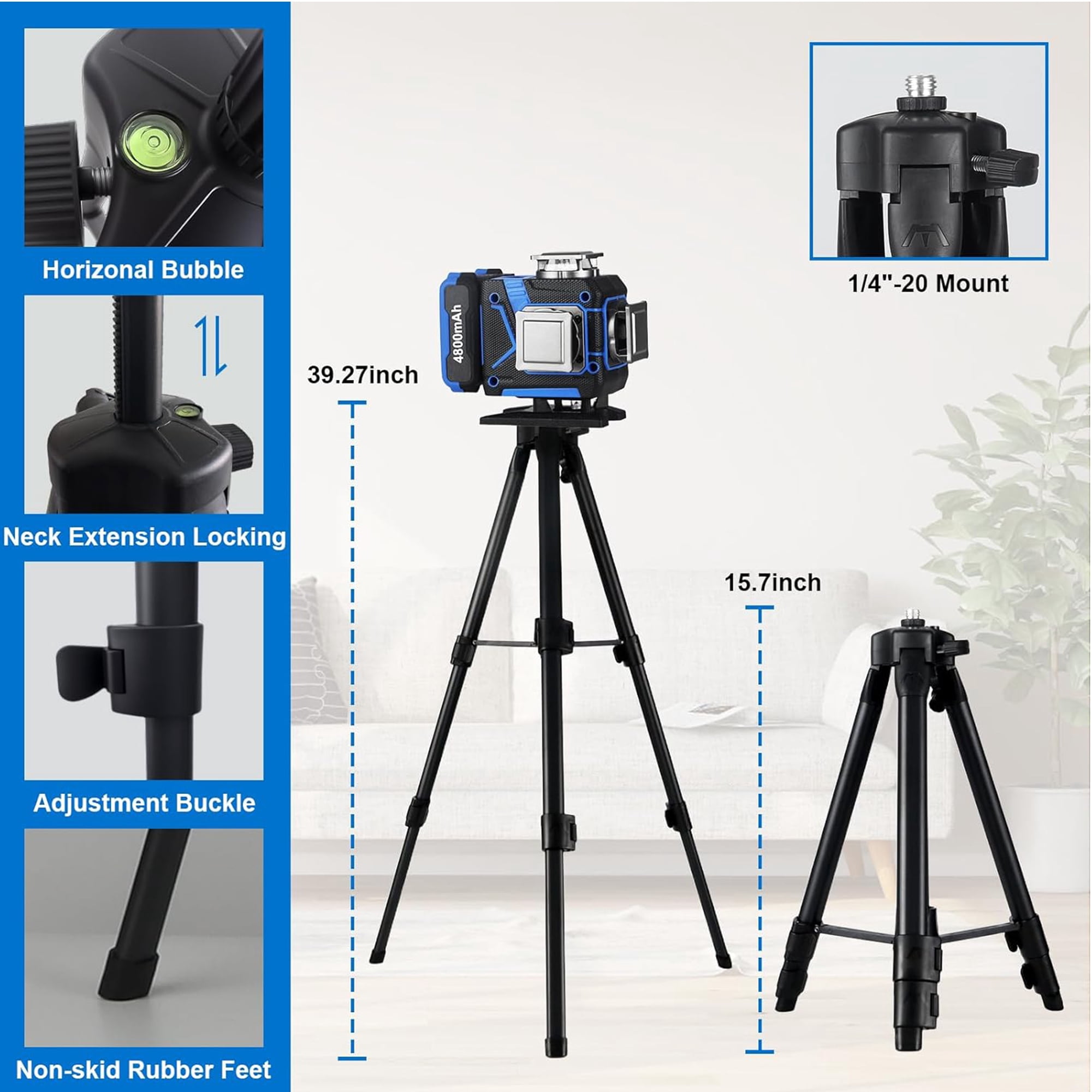 AZZUNO  Laser Level with Tripod, 4x360 Laser Level 360 Self Leveling for Picture Hanging with 2x4800mAh Li-ion Battery, Ideal for Outdoor, Construction, Tile