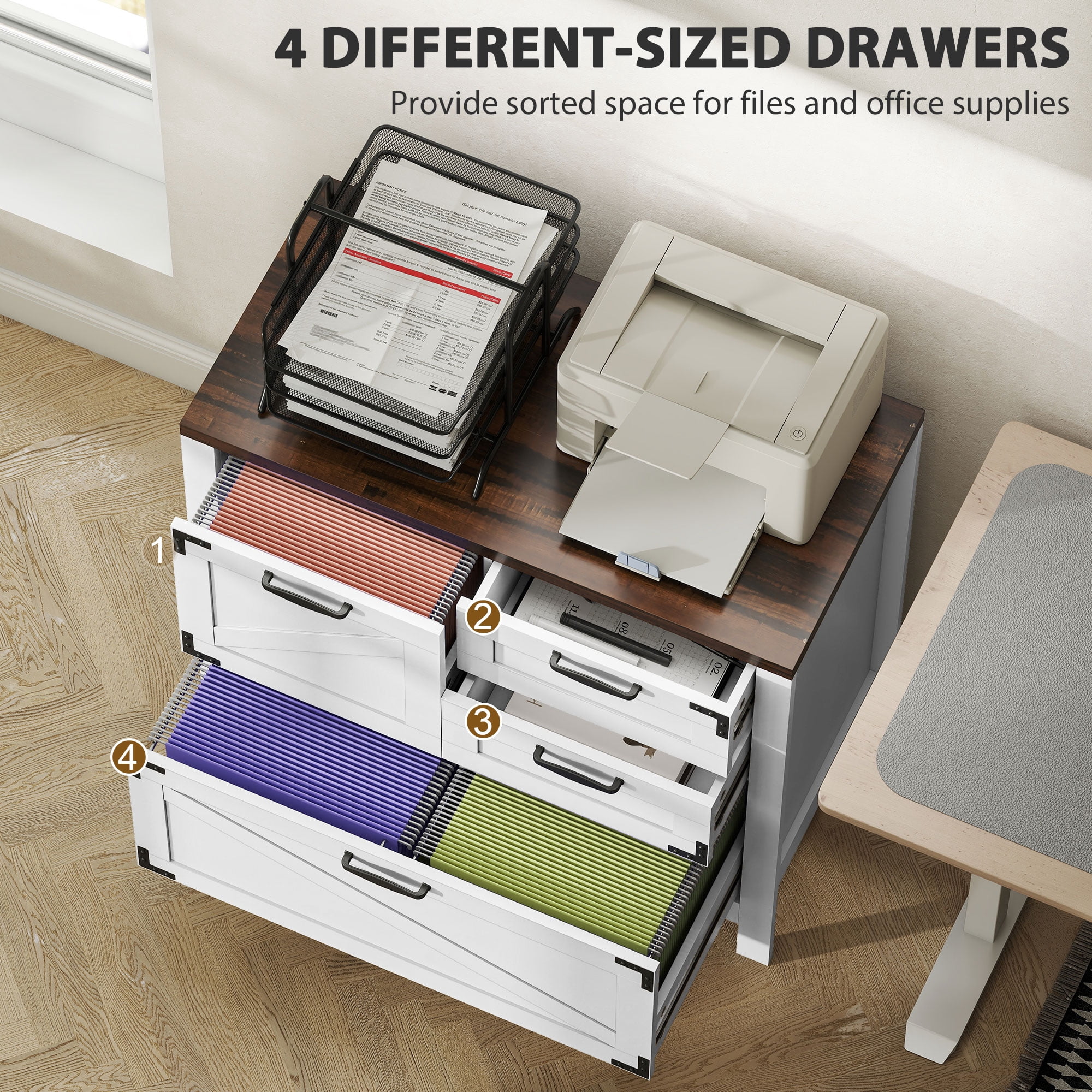HOMCOM 4 Drawer File Cabinet, Farmhouse Lateral Filing Cabinet with Adjustable Hanging Rails for Letter/A4/Legal Size Files, Printer Stand, White