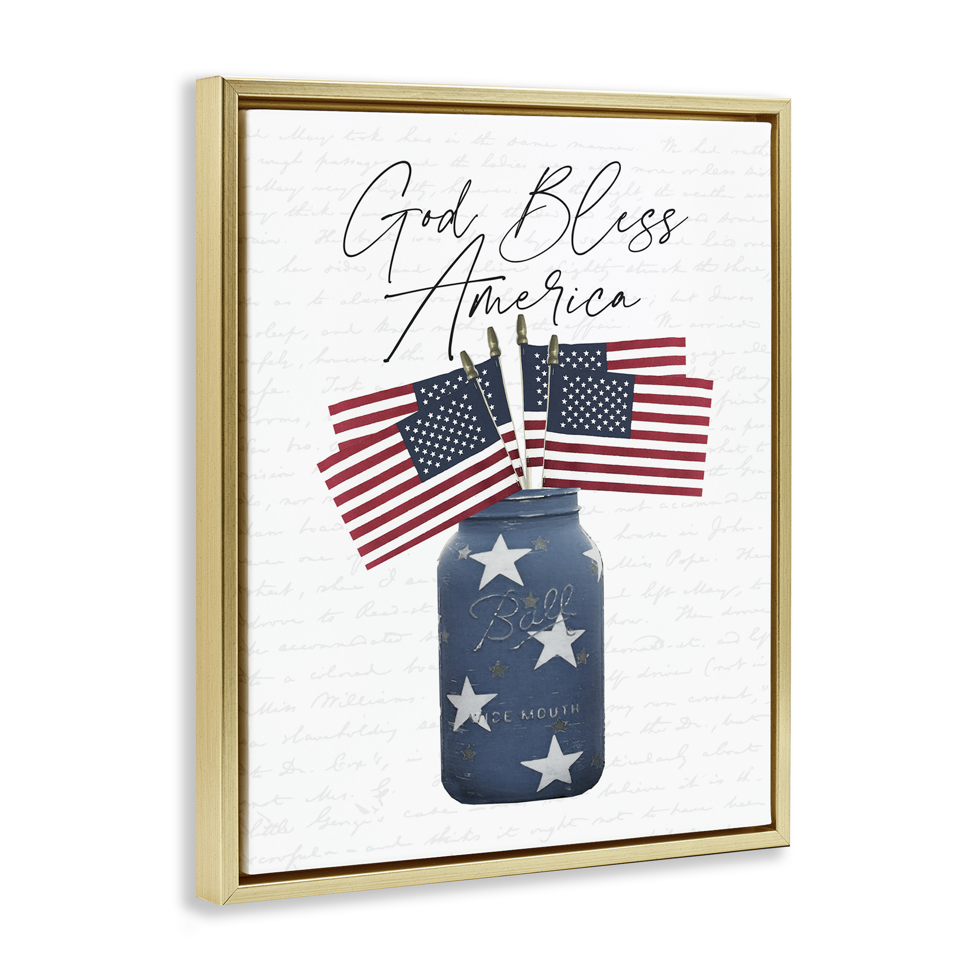Stupell Industries Patriotic Flag Jars Religious Painting Gold Floater Framed Canvas Art Print Wall Art, 25 x 31