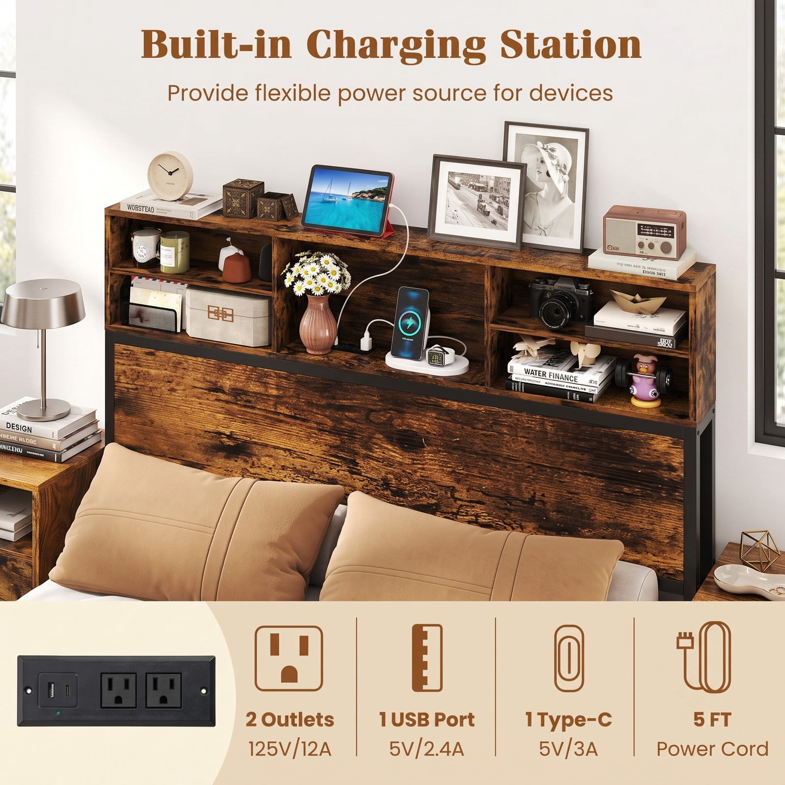 Furnibear Queen Bed Frame Industrial Metal Platform Bed with Storage Headboard and Charging Station and USB Ports, Rustic Brown