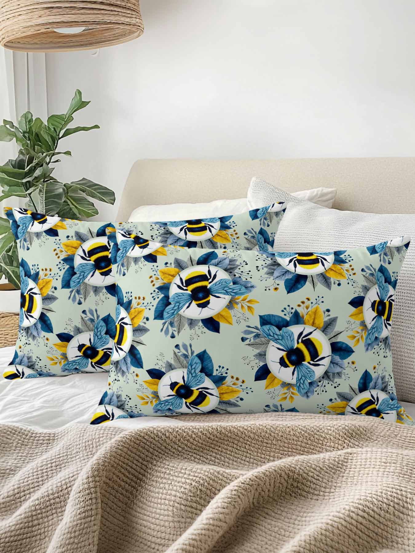 1 Pack Outdoor Throw Pillow, Teal Green Bees Farmhouse Waterproof Pillow with Insert Included, Spring Summer Botanical Flowers Decorative Accent Cushion Lumbar Pillows for Patio Porch, 12 x 20 In