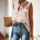 thumbnail image 4 of Moda Mujer Causal Cuello Alto Blusa Sólida Camiseta Sin Mangas Verano Botón Tops Fridja qr5696, 4 of 8