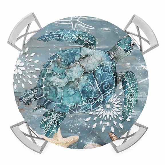Elastic Fitted Round Tablecloth, Blue Turtle Coastal Waterproof Stretch Table Cover for 45"-54" Tables, Summer Beach Ocean Starfish Coral Washable Outdoor Tablecloths for Patio, Picnic, Camping
