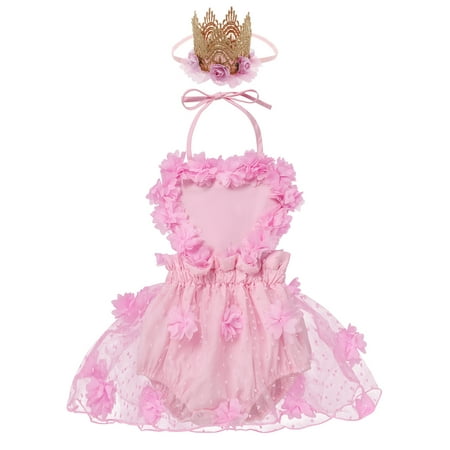 

IBTOM CASTLE Baby Girl 1st Birthday Outfit Lace Tulle Romper Princess Tutu Dress Headband Shiny One Cake Smash Photo Shoot Clothes 0-6 Months Pink Flower