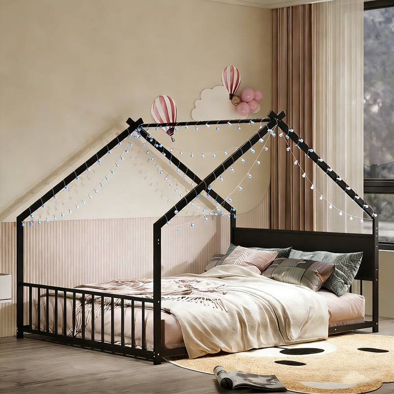 Full Size Montessori Bed with LED Light Strips, Metal Floor Bed with Headboard and Footboard, Full House Bed Frame with Slats Support（Black)