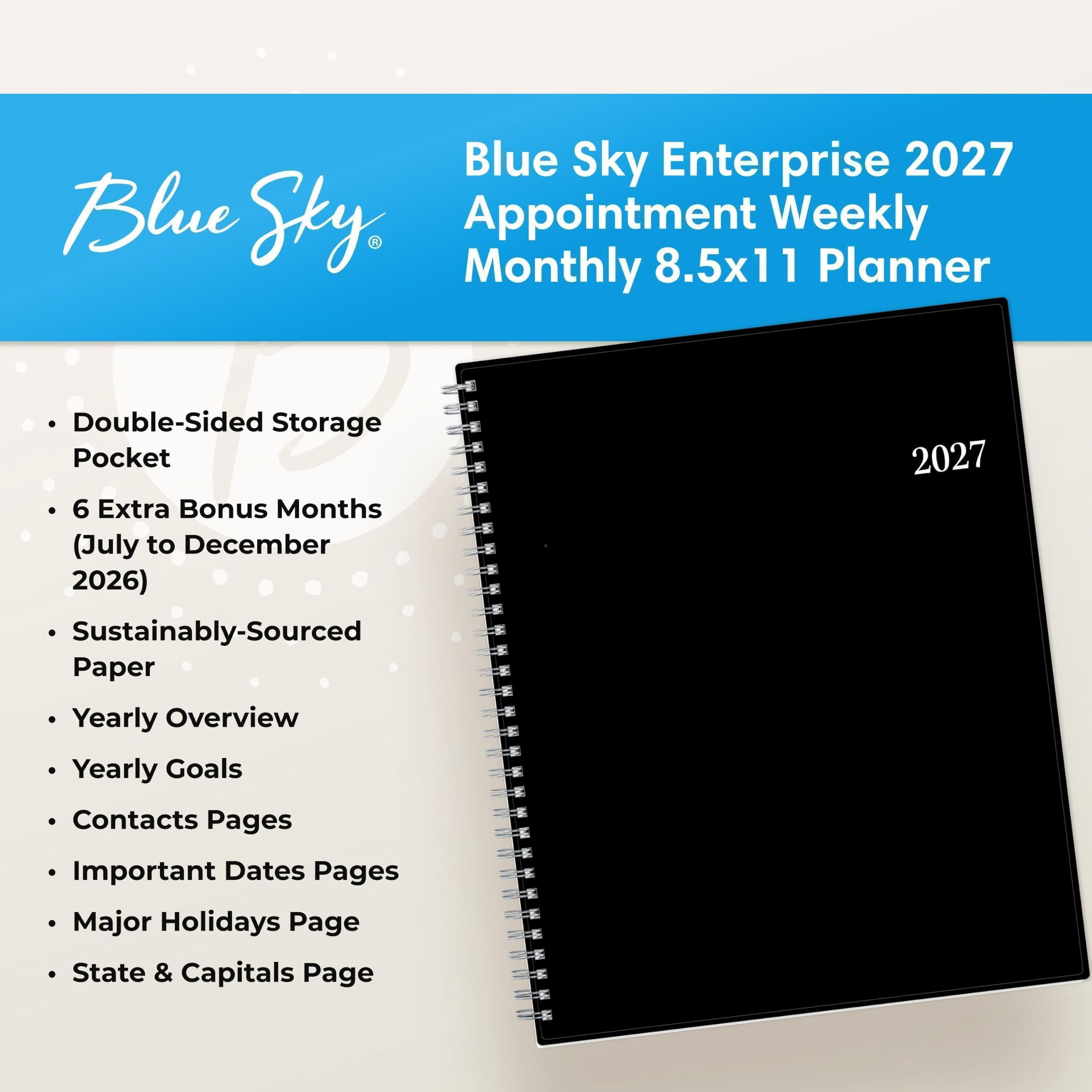Blue Sky 2027 Weekly and Monthly Appointment Planner Calendar, January 2027 - December 2027, 8.5" x 11", With 15-Minute Blocks, Flexible Cover, Wirebound, Laminated Tabs, Storage Pocket, Enterprise