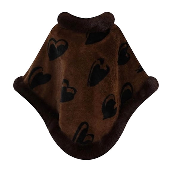 UTSJKR Women's Heart Print Furry Poncho Shawl, Winter Warm Faux Fur Trim Cape Cloak, Soft Plush Outer Layer for Casual Daily and Holiday Styling Coffee