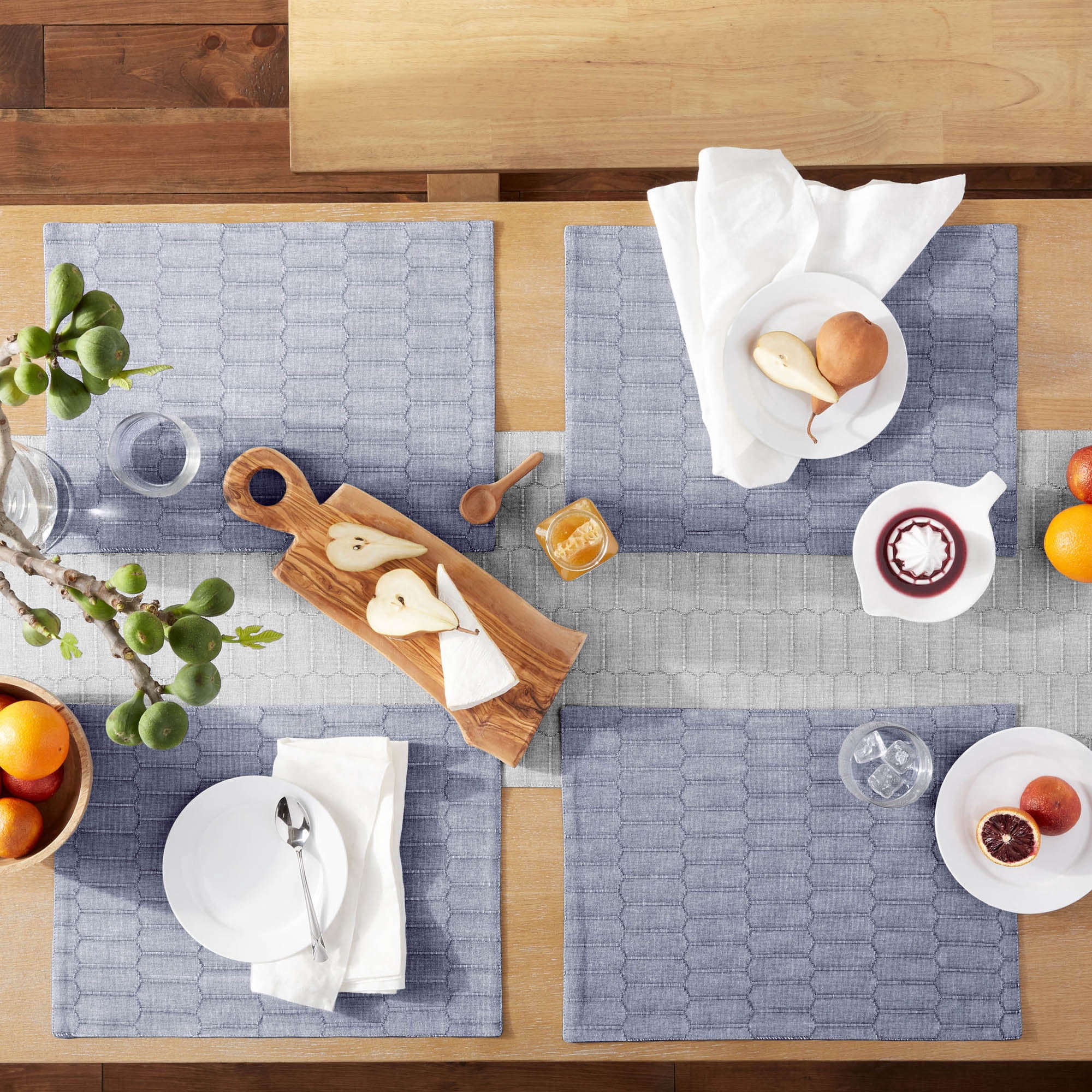 Martha Stewart Honeycomb Modern Farmhouse Reversible Fabric Placemat 4-Pack Set, Blue, 13"x17.5"