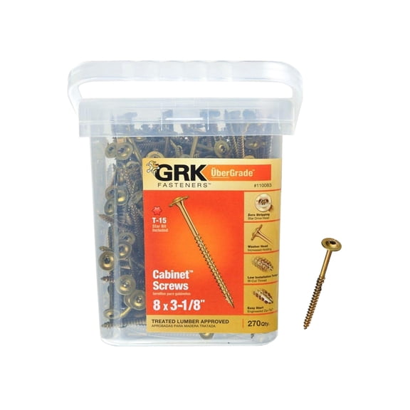 GRK Fasteners 110083 Cabinet Screw, #8 Thread, 3-1/8 in L, Washer Head, Star Drive, Steel, 270 PK Yellow - pack of 270