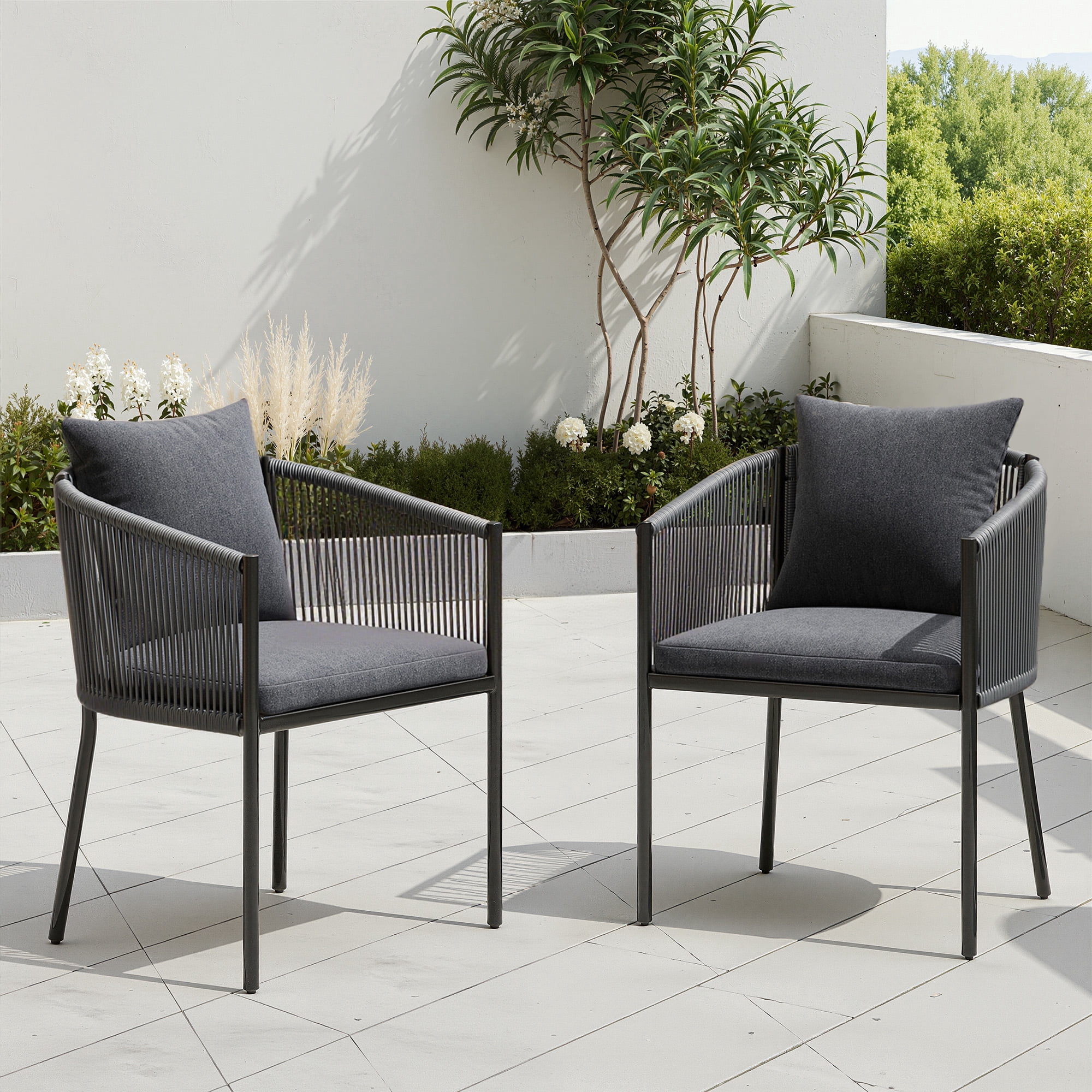 MAYEERTY Gray 5-Piece Outdoor Rattan Dining Set:4 Chairs with Cushions & Round Wood-Look Table, Weatherproof