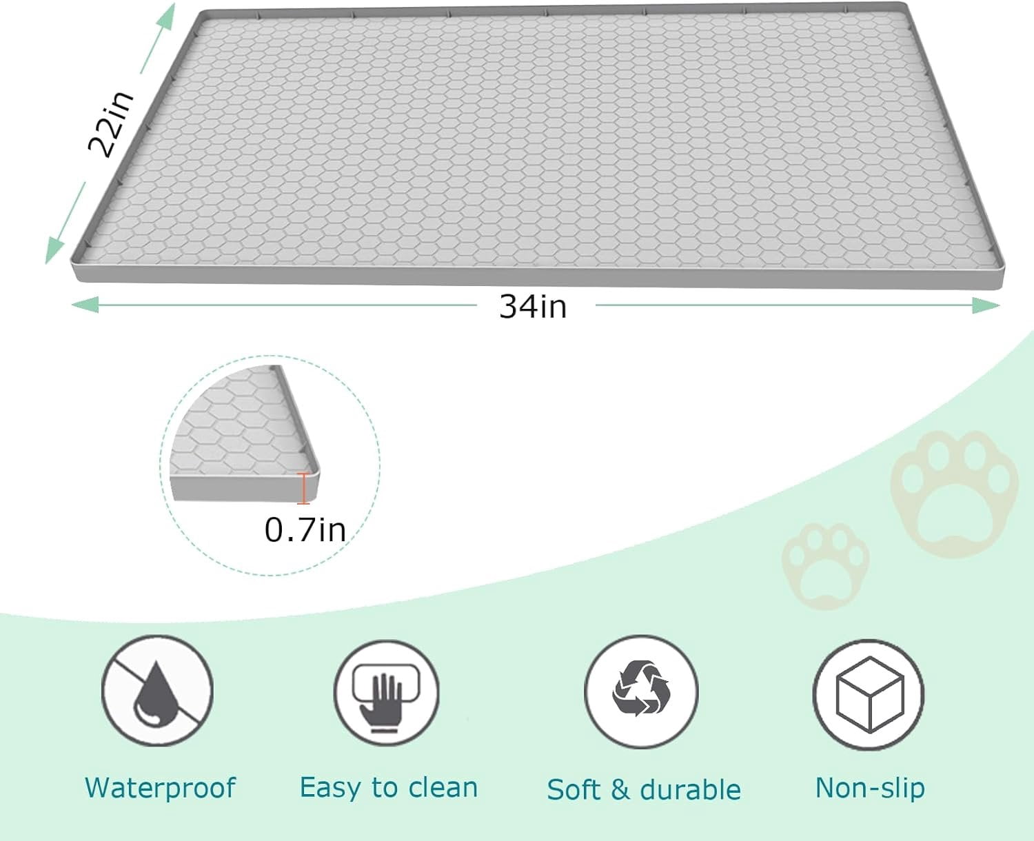 Litter Mat,  Large  Mat for Litter Box - 34x22 in,  & Non-Slip, Durable & Easy Clean, Light Grey