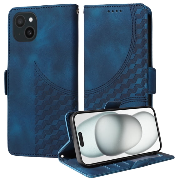 for iPhone 13 6.1" Pattern Wallet Case, Magnetic Closure PU Leather Wallet Flip Case with Card Holder Kickstand Shockproof Purse Phone Cover with Wrist Strap for iPhone 13, Blue