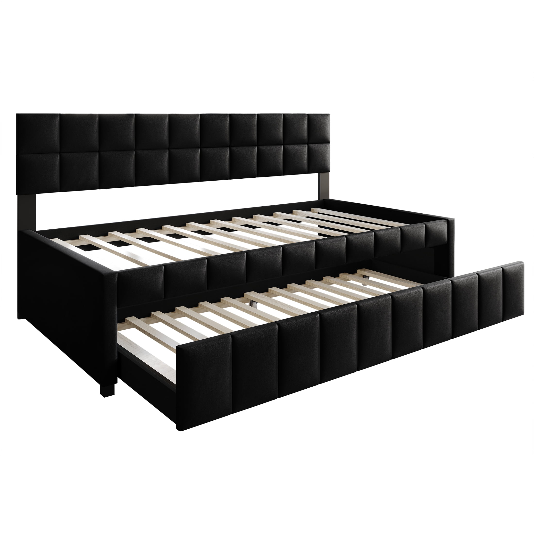 Castle Place Modern Velvet Upholstered Twin Daybed with Trundle, Black