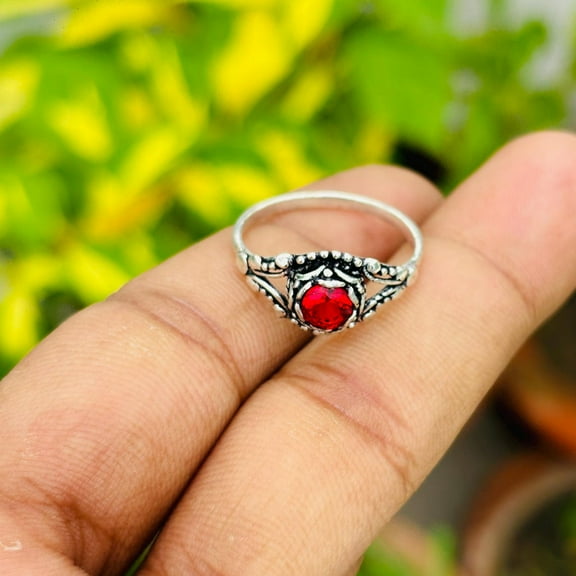 Handmade Garnet Sterling Silver Ring | Vintage Boho Red Gemstone Statement Jewelry for Women | Wedding & Love Gift for Her