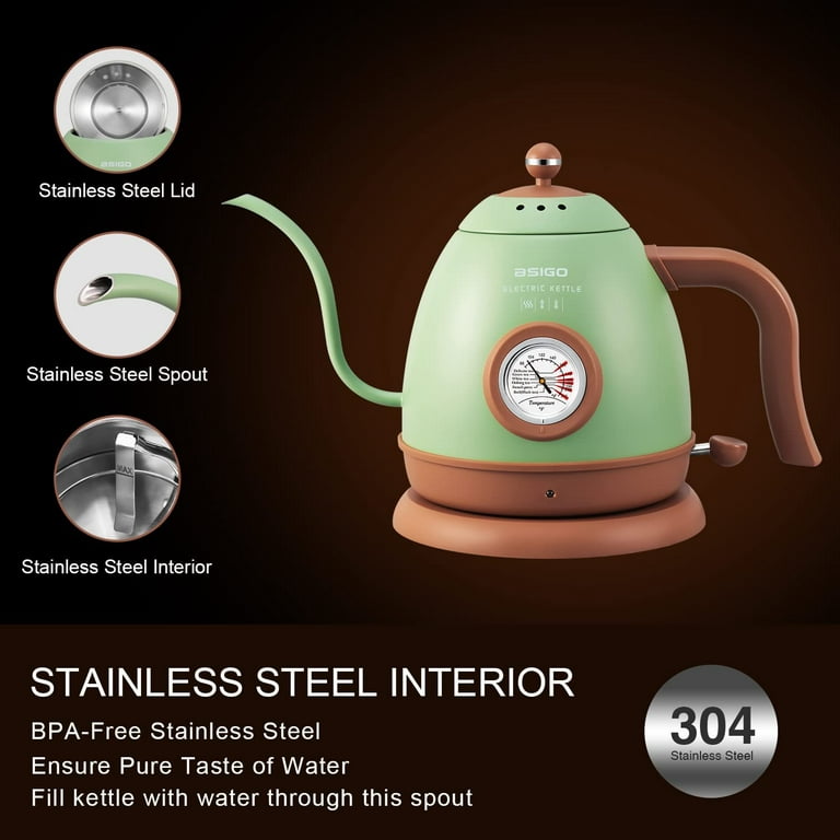 Bsigo gooseneck green electric kettle, with thermometer, stainless steel,  used for pouring coffee and tea pots, BPA free, automatic closing and anti  drying protection, fast heating of boiling water 