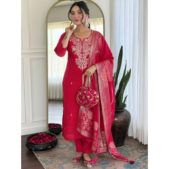 TWINS LADY Women Ethnic Motifs Embroidered Sequinned Regular Straight Kurta Set - Indian Ethnic Traditional Wear Kurta Set