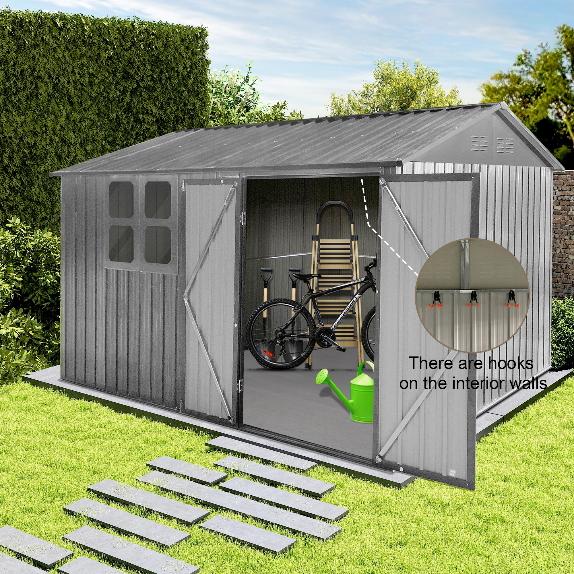 Aukfa 10FT x 8FT Outdoor Storage Shed, Metal Shed Storage with Window, Roof Slope Tool Shed with Door and Padlock for Backyards, Patio Lawns and Outdoor, Gray