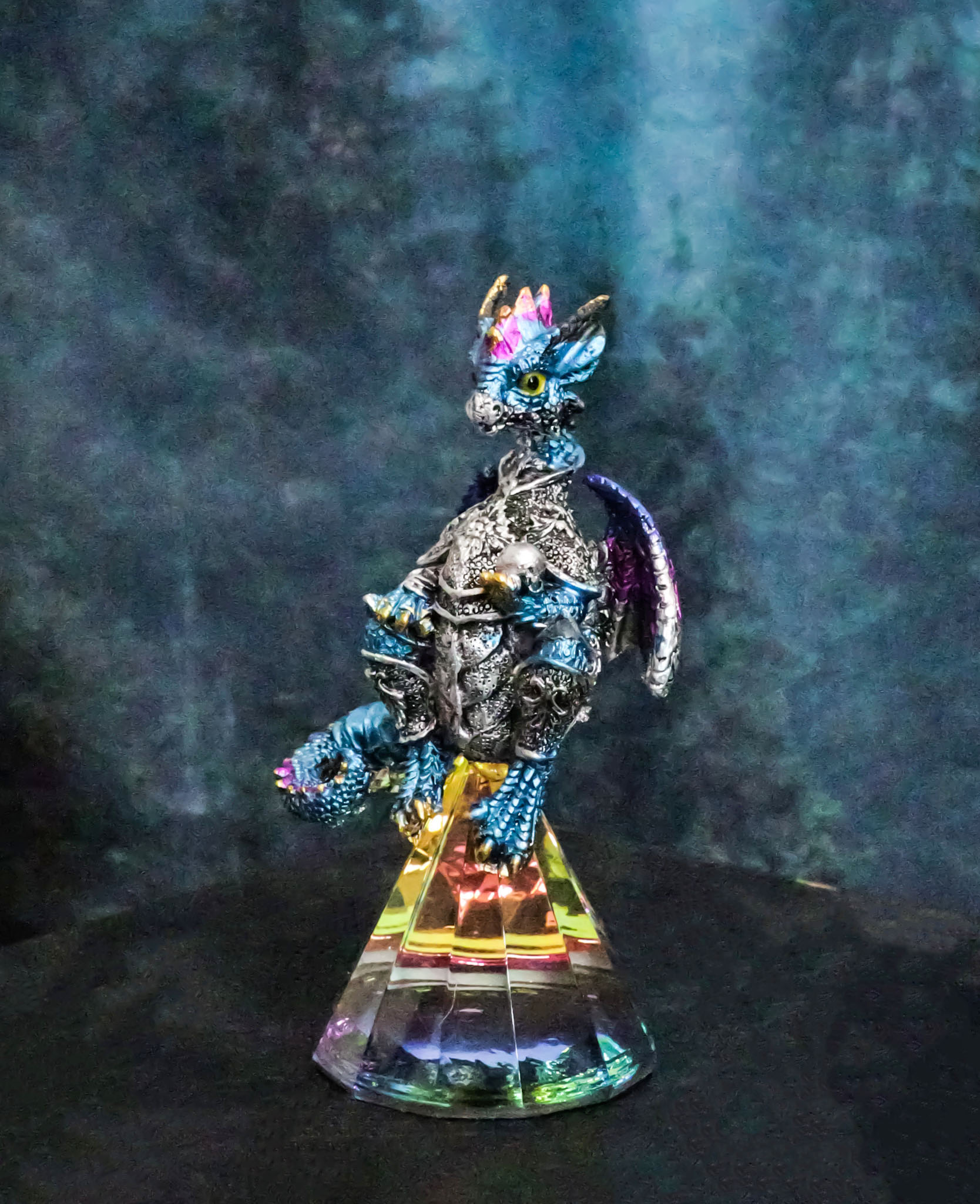 Blue Iridescent Armored Rainbow Wyrmling Dragon With Faux Crystal Prism