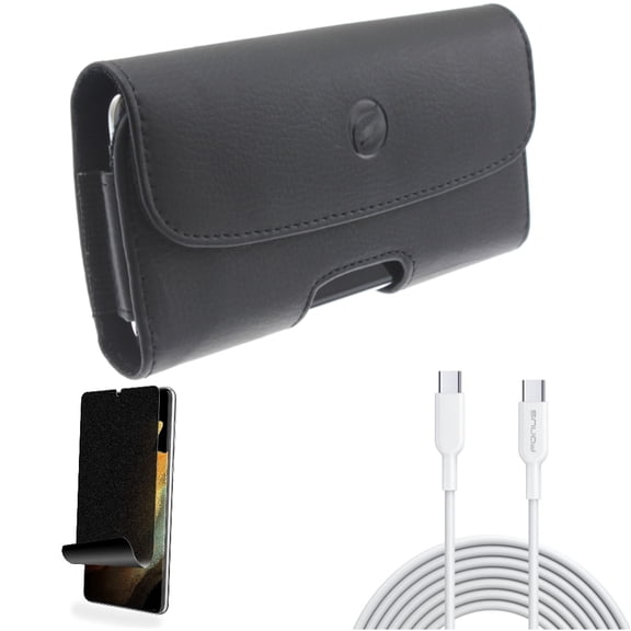 Case Belt Clip & Privacy Screen Protector & 6ft Long Type-C Cable for Samsung Galaxy S21 Ultra Phone - Leather Holster & TPU Film Fingerprint Works & PD Fast Charger Cord Power Accessory Bundle