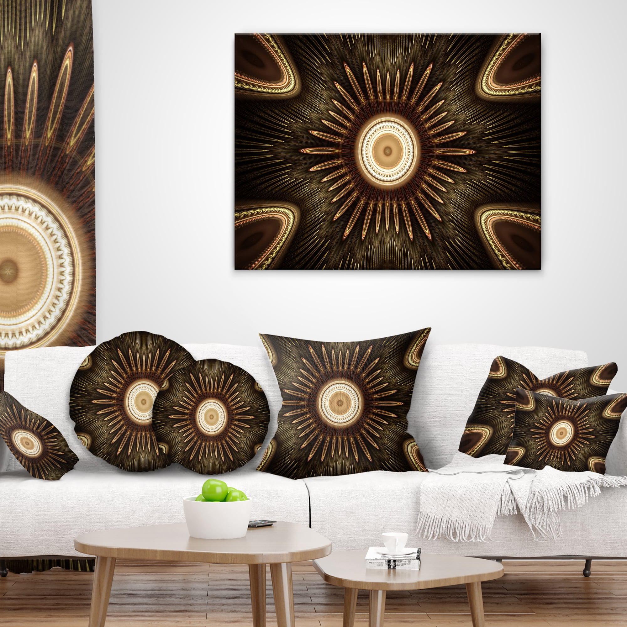 Designart White Brown Rounded Fractal Flower - Floral Throw Pillow - 16x16