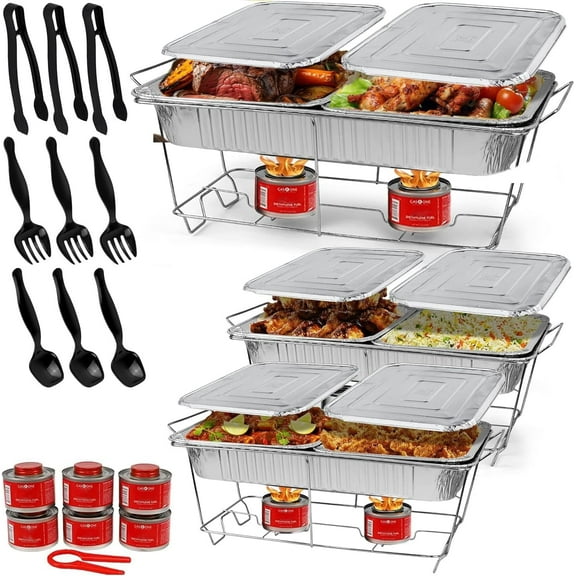 ALPHA LIVING 70027 33-Pcs Disposable Chaffing Buffet with-Covers, Utensils, Fuel Cans – Premium