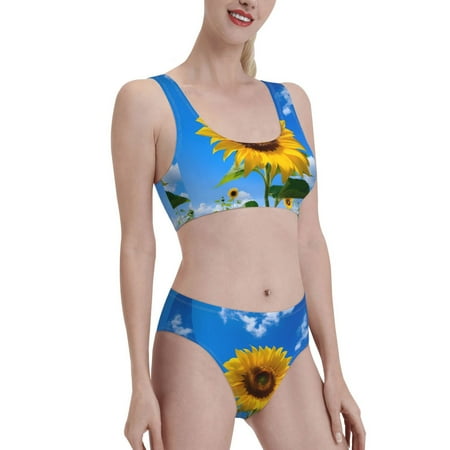 Uemuo Blue Sky Sunflower Printed Women s High Waisted Bikini Sets Sporty Two Piece Swimsuits Color Block Cheeky High Cut Bathing Suits-Large