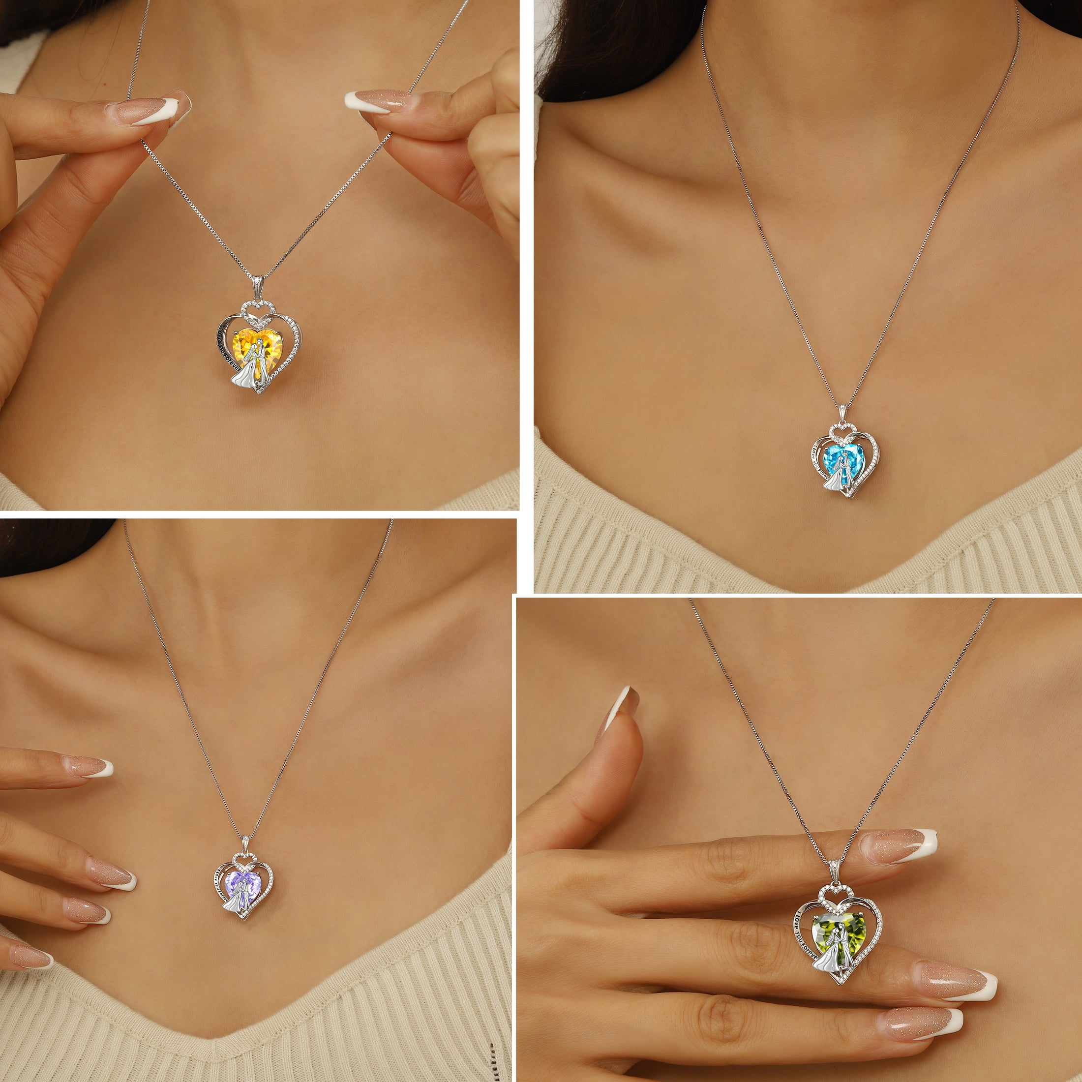 Juwaliy Couple Necklace for Women 925 Sterling Silver Heart March Birthstone Pendant Engraved I Love You Wedding Engagement Jewelry Valentines Day Gift for Wife Bride Her