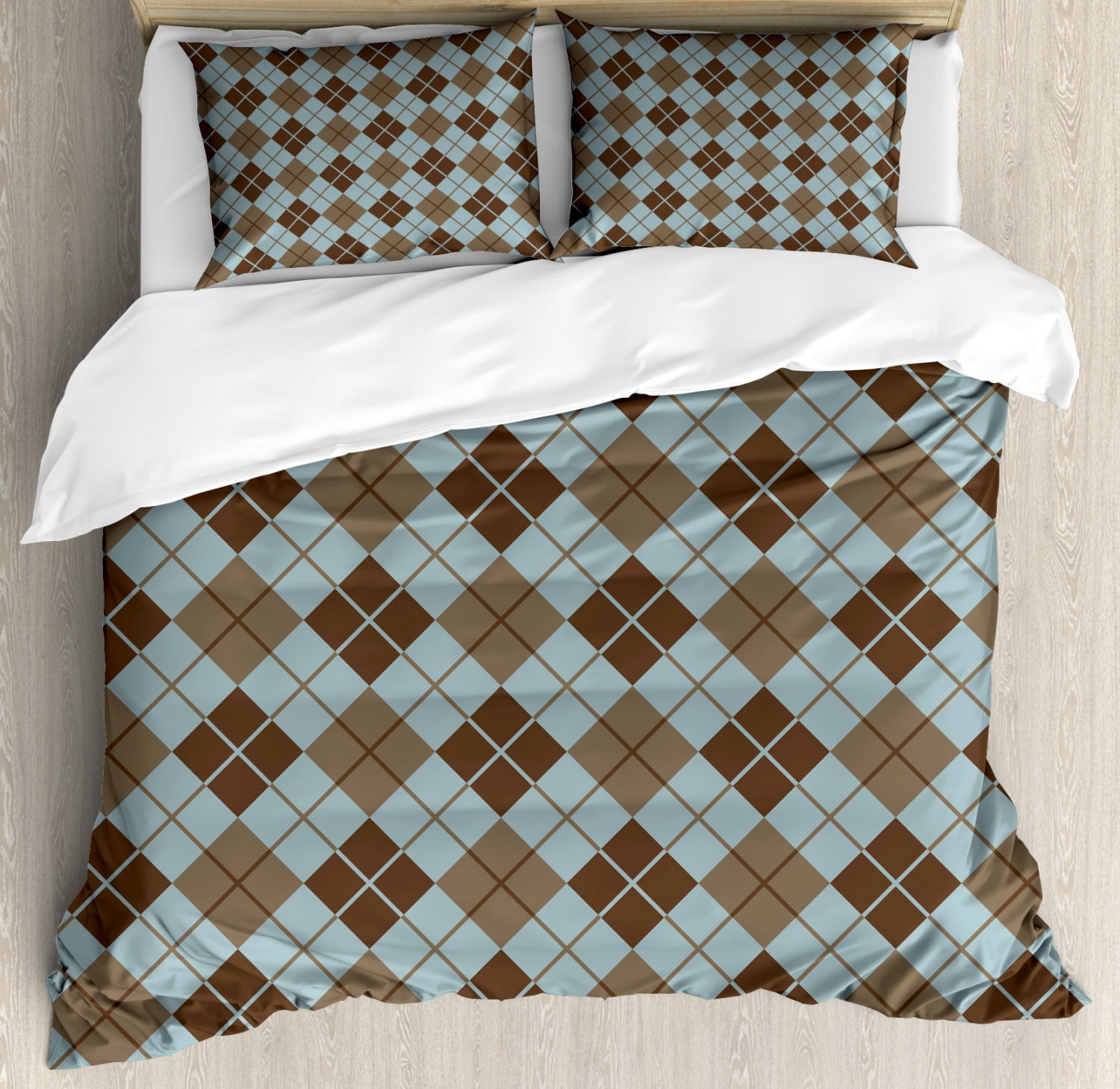 Brown and Blue Duvet Cover Set Queen Size, Argyle Pattern with Diamond Shaped Rectangles Lines ...