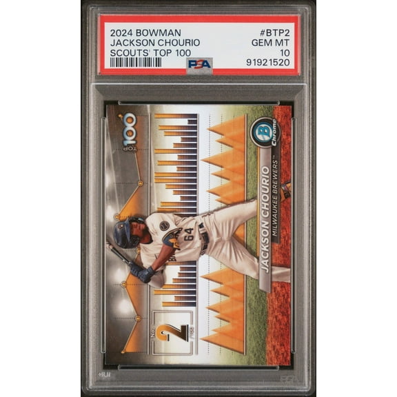 Graded 2024 Topps Bowman Jackson Chourio #BTP2 Scouts Top 100 Rookie RC Baseball Card PSA 10 Gem Mint